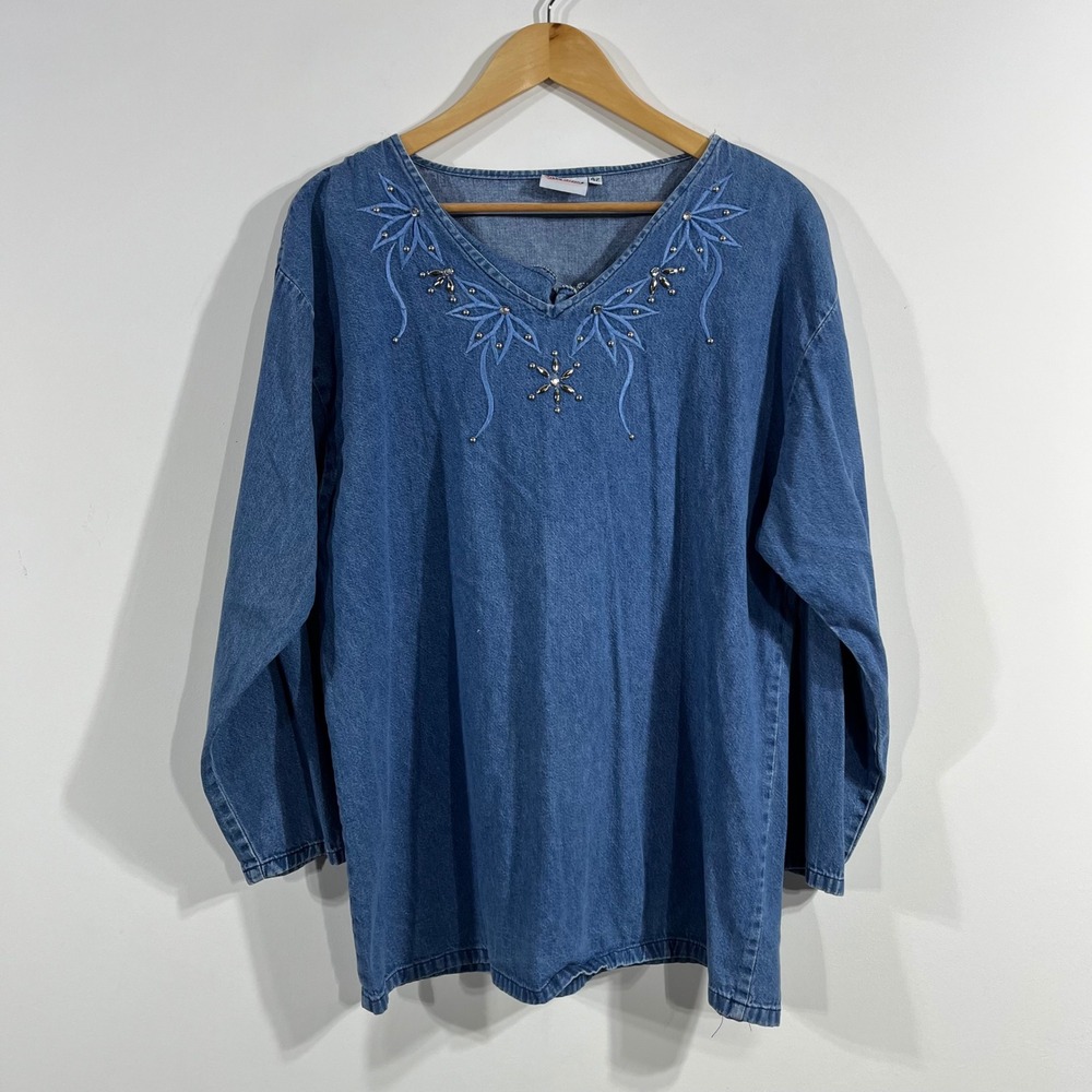 Bobbie Brooks Vintage 90s Denim Tunic Top Womens Large Embroidered Rhinestone